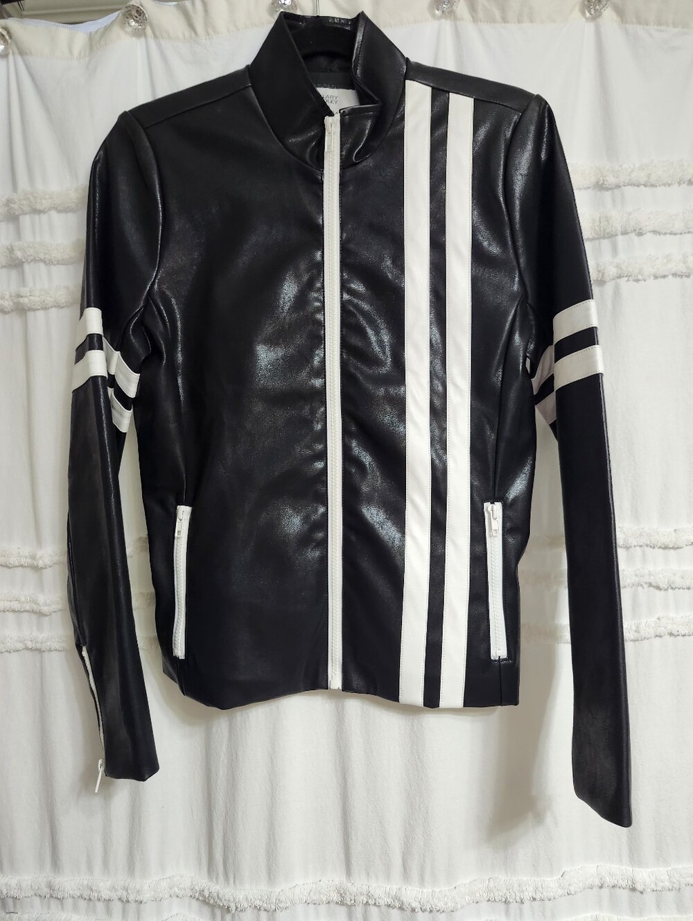 Nwt Hilary Radley For Katherine Barclay Faux Leather With White Stripes Jacket.